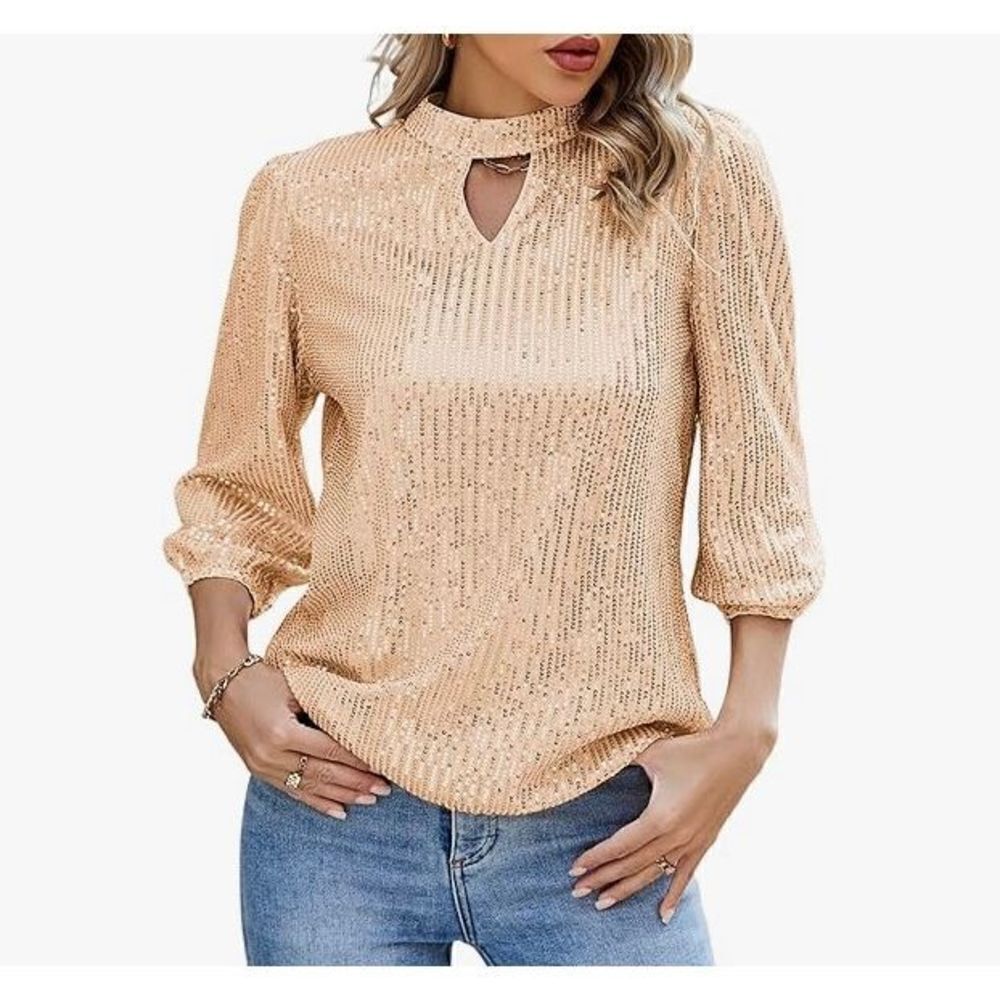 JASAMBAC NWT Sequined Blouse Standing Collar Party Top Date Night Rose Gold 2X